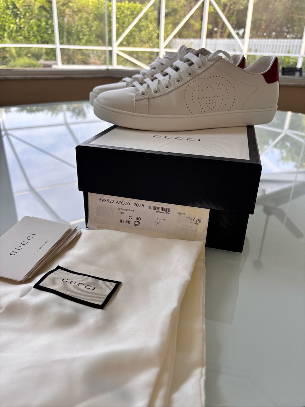 Gucci White Leather Sneakers with Red Heel Tab